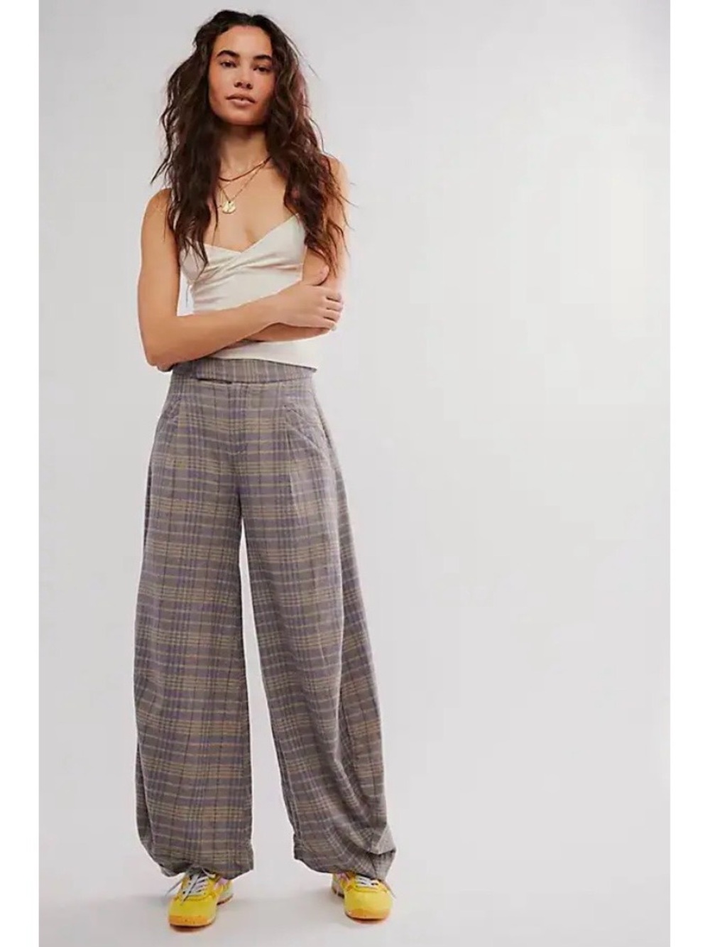 Free People Tegan Barrel Trousers Womens Gray Checked Plaid Mid-rise Wide Leg